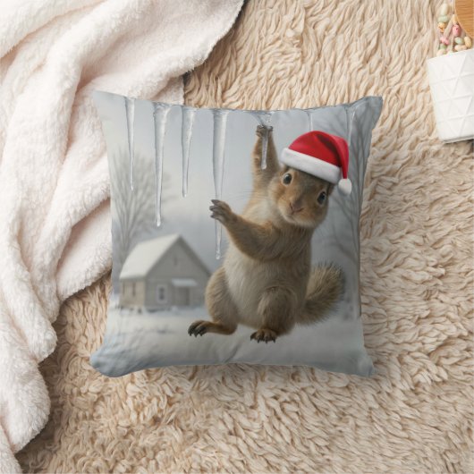 クリスマスの氷柱にぶら下がるリス クッション (ブランケット)