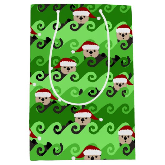 クリスマスの海のカワウソ緑の波 ミディアムペーパーバッグ (正面)