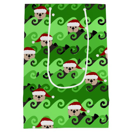 クリスマスの海のカワウソ緑の波 ミディアムペーパーバッグ (裏面)