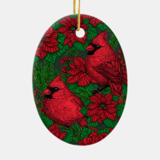 クリスマスの深紅色とポインセチア セラミックオーナメント (裏面)