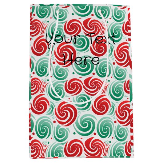 クリスマスの渦巻き赤、緑、白 ミディアムペーパーバッグ (正面)