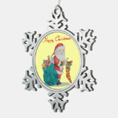 クリスマスの準備が整う緑の袋を持つサンタ スノーフレークピューターオーナメント (右)