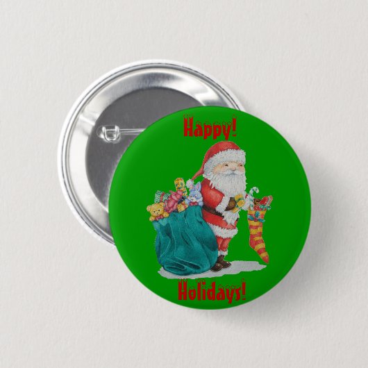 クリスマスの準備が整う緑の袋を持つサンタ 缶バッジ (正面&裏面)
