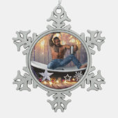 クリスマスの滑りやすいジョー銀の金ゴールド星ライト濡れ スノーフレークピューターオーナメント (正面)