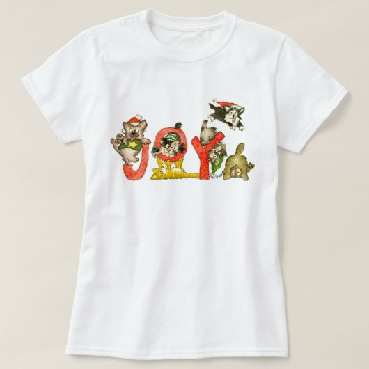クリスマスの漫画の子ネコ猫の喜びのワイシャツ Tシャツ (デザイン正面)