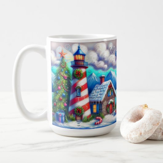 クリスマスの灯台 海の 近くの山 コーヒーマグカップ (ドーナツ)