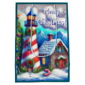 クリスマスの灯台 海の 近くの山 ミディアムペーパーバッグ (裏面)