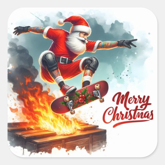 クリスマスの炎越えスケートボードするサンタクロース スクエアシール (正面)