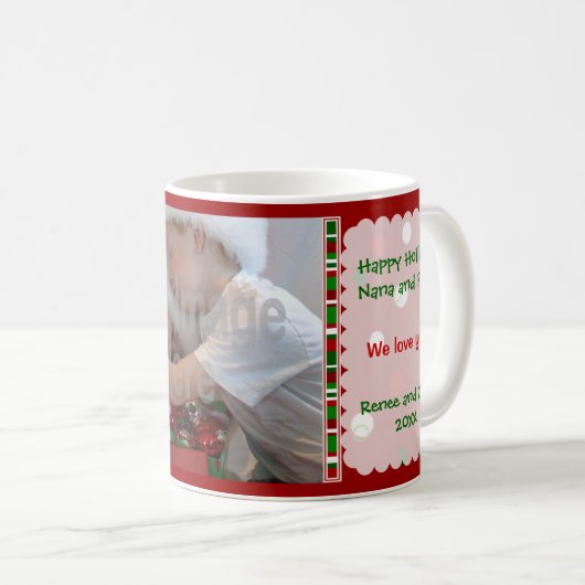 クリスマスの点およびストライプな写真のマグ コーヒーマグカップ (正面右)