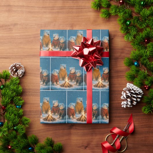 クリスマスの焚き火を囲むホッキョクグマ ラッピングペーパー (クリスマスギフト)