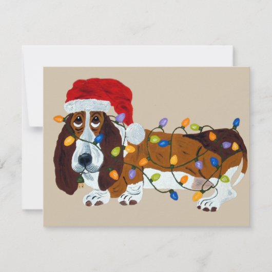 クリスマスの照明でもつれるバセット犬 シーズンカード (正面)
