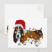 クリスマスの照明でもつれるバセット犬 シーズンポストカード (正面/裏面)