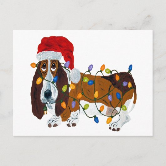 クリスマスの照明でもつれるバセット犬 シーズンポストカード (正面)