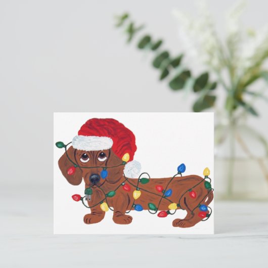 クリスマスの照明で(赤い)もつれるダックスフント シーズンポストカード (スタンド正面)