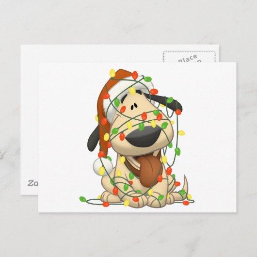 クリスマスの照明のおもしろいな小犬 シーズンポストカード (正面/裏面)