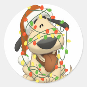 クリスマスの照明のおもしろいな小犬 ラウンドシール