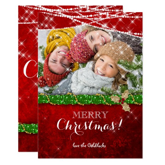 クリスマスの照明の緑の花輪のヒイラギの写真カード カード
