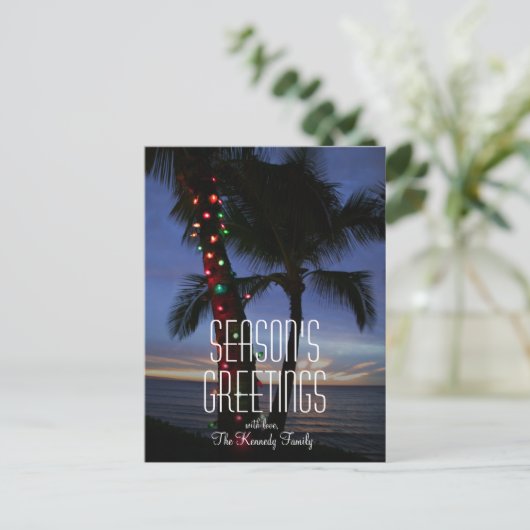 クリスマスの照明は日没でヤシの木を飾ります シーズンポストカード (スタンド正面)