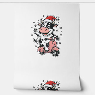 クリスマスの牛がピンクのスクーターに乗るヴィンテージベクター_1 壁紙