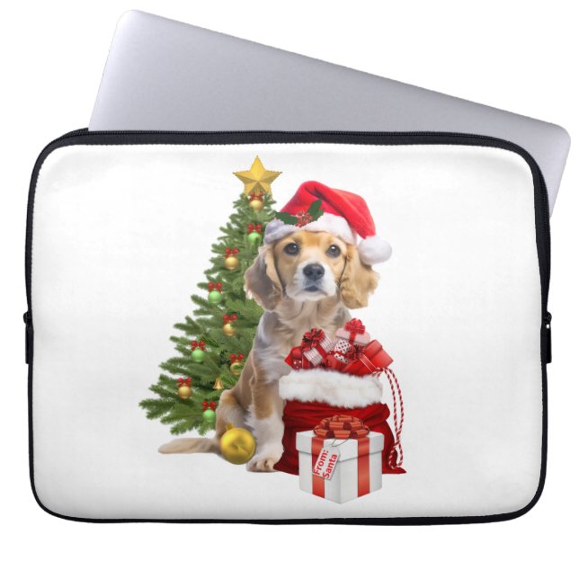 クリスマスの犬とツリー ラップトップスリーブ (正面)