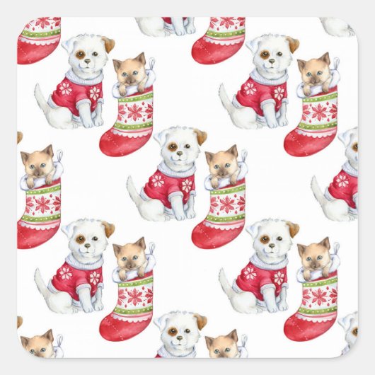 クリスマスの犬と猫 スクエアシール (正面)