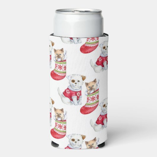 クリスマスの犬と猫 スリム缶クーラー (Seltzer正面)