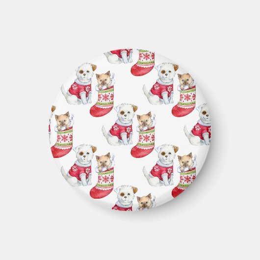 クリスマスの犬と猫 マグネット (正面)