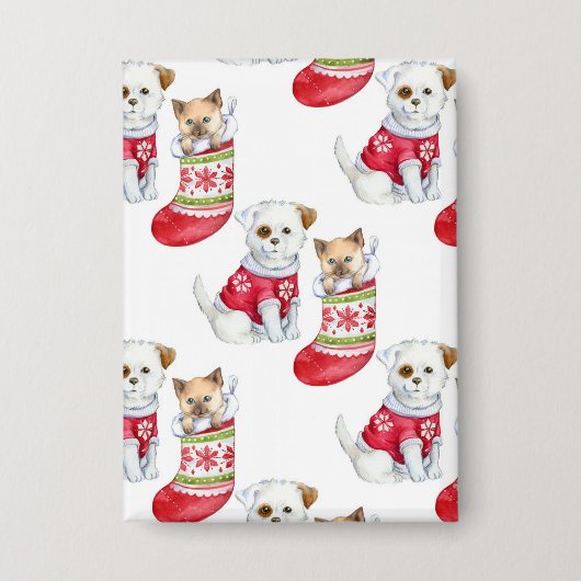 クリスマスの犬と猫 缶バッジ (正面)