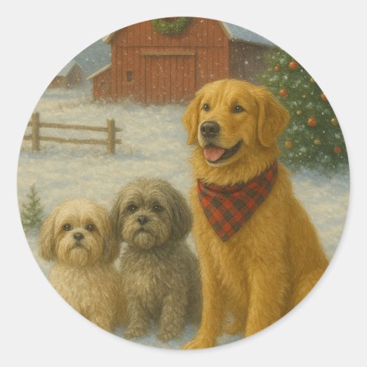 クリスマスの犬のオーナメント ラウンドシール (正面)