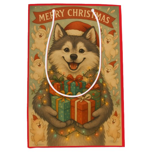 "クリスマスの犬の祝祭" ミディアムペーパーバッグ (正面)