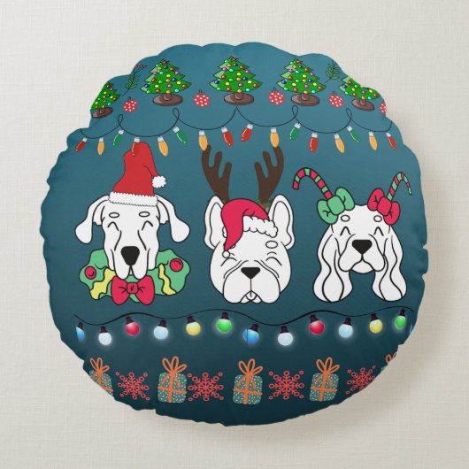 クリスマスの犬パターン - かわいいホリデーシーズンの犬 ラウンドクッション (正面)