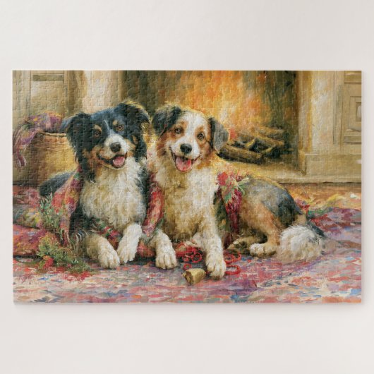 クリスマスの犬 暖炉の郷愁あふれる絵画 ジグソーパズル (横)