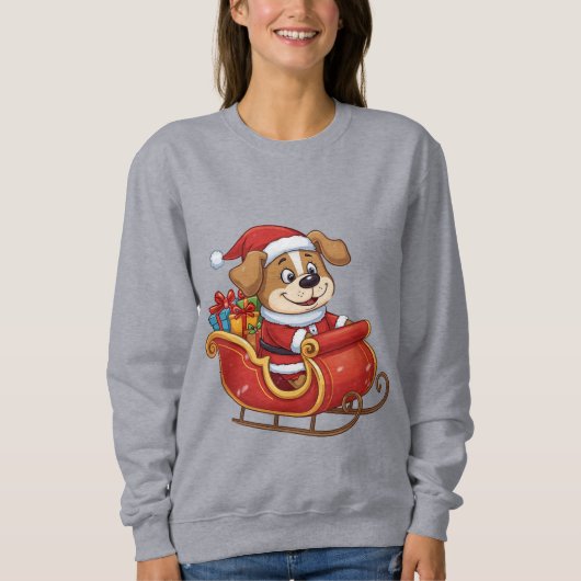 クリスマスの犬Tシャツ 喜ぶサンタのそり スウェットシャツ (正面)