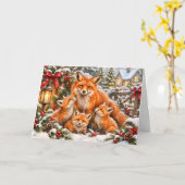 クリスマスの狐の家族 - 水彩画の森 カード (黄色い花)