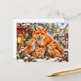 クリスマスの狐の家族 - 水彩画の森 シーズンポストカード