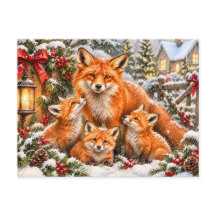 クリスマスの狐の家族 - 水彩画の森