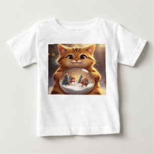 クリスマスの猫がスノーグローブを持つキュートなアート ベビーTシャツ