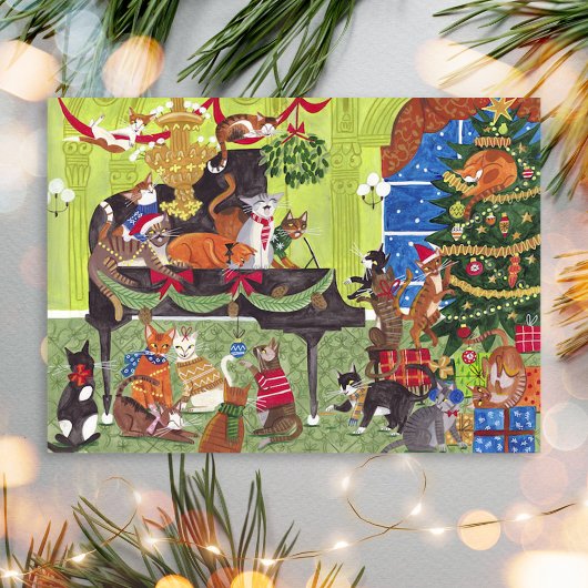 クリスマスの猫がピアノを弾くホリデーカード ポストカード