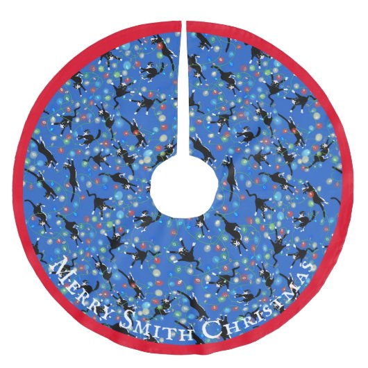 クリスマスの猫が光に絡まおもしろいっカスタムた ブラッシュドポリエステルツリースカート (正面)