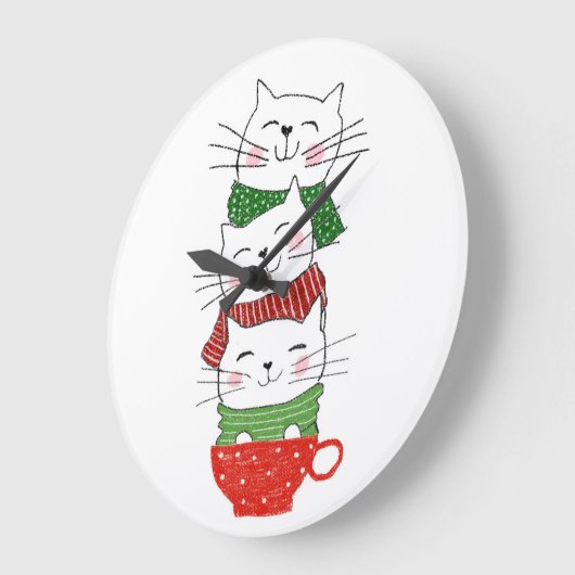 クリスマスの猫たちがカップにスカーフおもしろいを積み重ねかわいい ラージ壁時計 (傾斜)