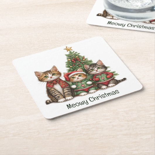 クリスマスの猫たち スクエアペーパーコースター (アングル)