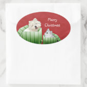 クリスマスの猫と犬 楕円形シール (バッグ)