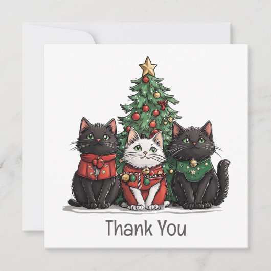 クリスマスの猫に感謝 ホリデーツリー サンキューカード (正面)