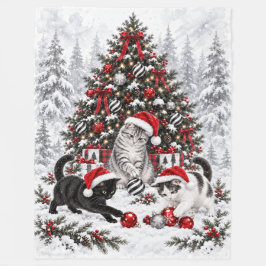 クリスマスの猫のいたずら 水彩画  フリースブランケット