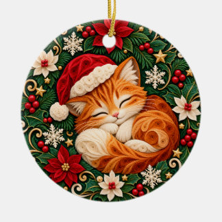 クリスマスの猫のオーナメント かわいい眠る猫のホリデー セラミックオーナメント