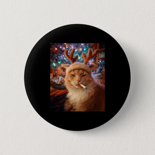 クリスマスの猫のタバコ・ミーム 安らぎ 缶バッジ (正面)