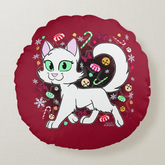 クリスマスの猫の丸いクッション (赤) ラウンドクッション (正面)