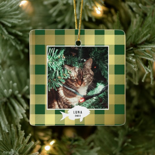 クリスマスの猫の名前 ゴールドの市松模様 セラミックオーナメント (ツリー)