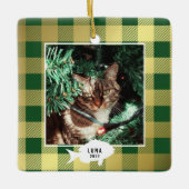 クリスマスの猫の名前 ゴールドの市松模様 セラミックオーナメント (正面)