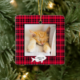 クリスマスの猫の名前 赤いチェック柄 セラミックオーナメント